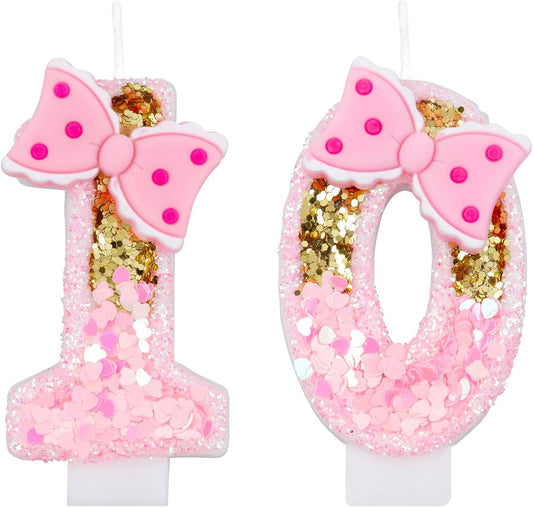 Happy 10th Birthday 10 Number Pink Candles with Glitter Gold Numbers for Girls' Party Decoration
