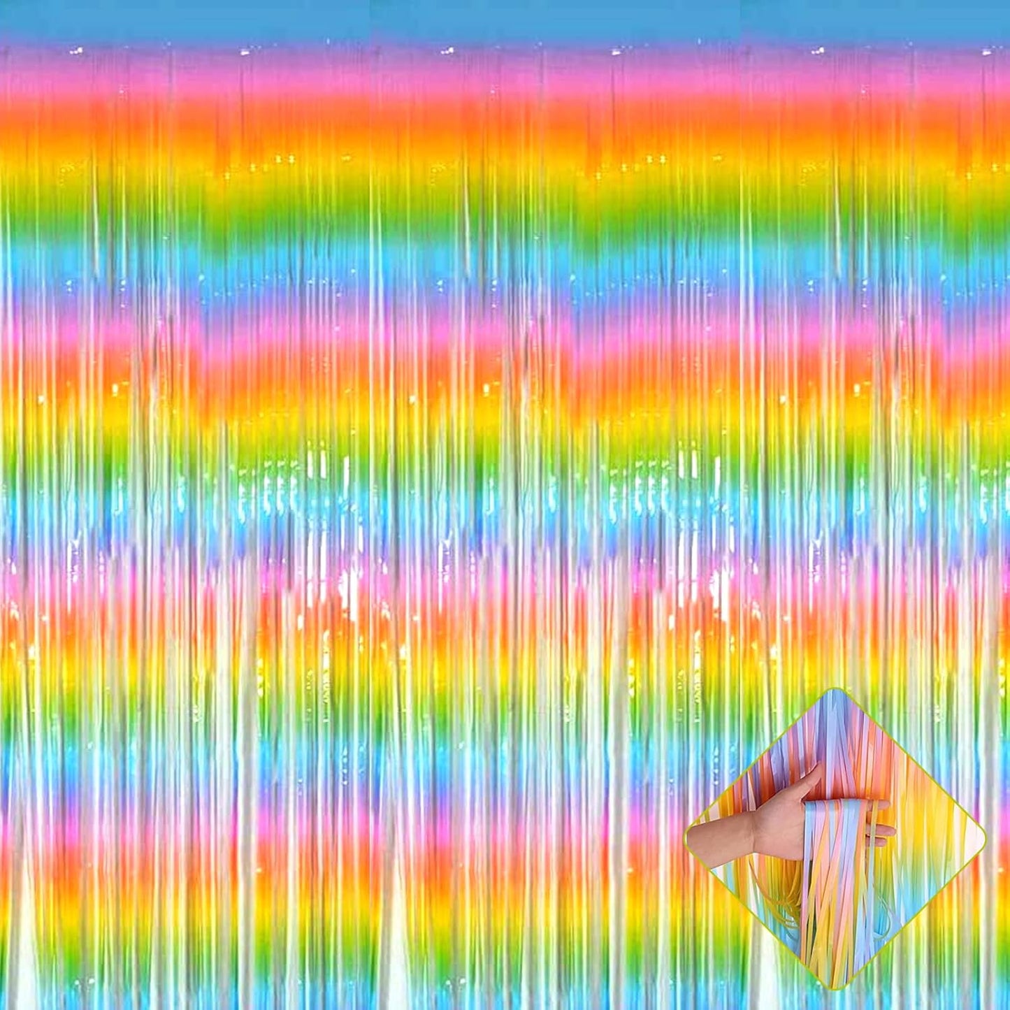 4 Pack 3.3Ft x 6.6Ft Rainbow Foil Fringe Curtain Backdrop, Colorful Metallic Tinsel Foil Fringe Streamers Curtains Background for Photo Booth, Birthday, Wedding, Halloween, Christmas Party Decoration