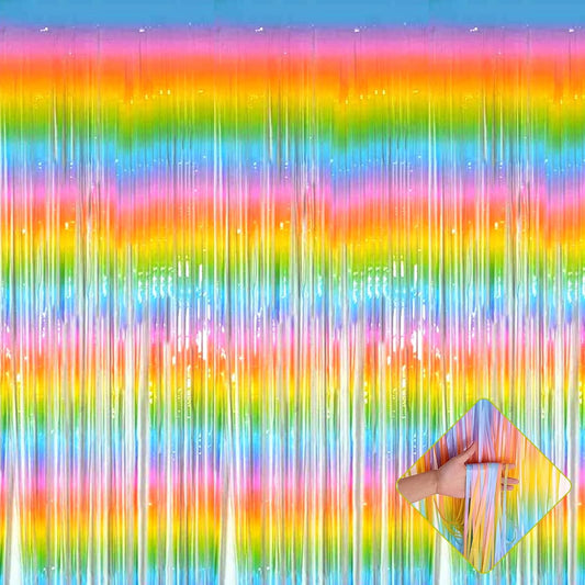 4 Pack 3.3Ft x 6.6Ft Rainbow Foil Fringe Curtain Backdrop, Colorful Metallic Tinsel Foil Fringe Streamers Curtains Background for Photo Booth, Birthday, Wedding, Halloween, Christmas Party Decoration