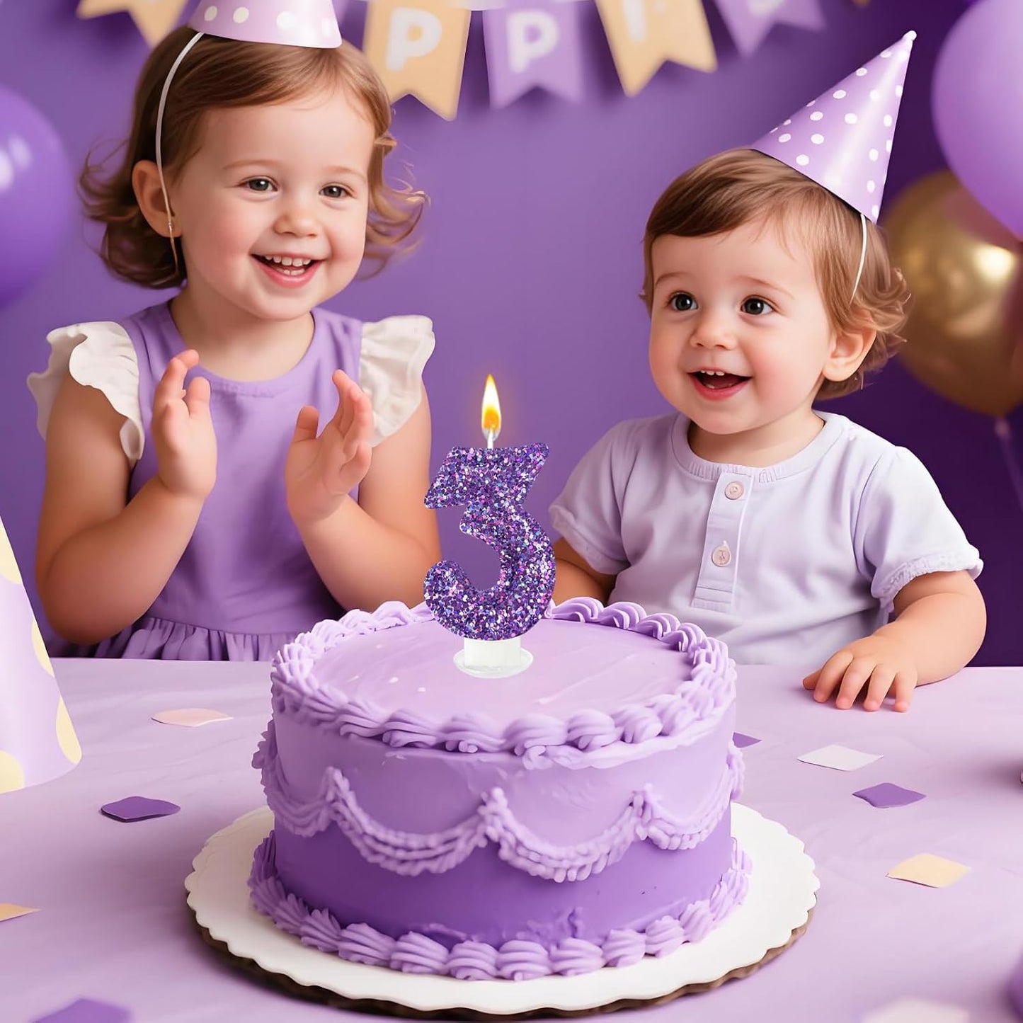 Birthday Number Candles, Glitter Number Candle Cake Decorations with Sequins, Cupcake Decorations for Girls, Women, Party Anniversary Celebrations (Number 3, Purple)