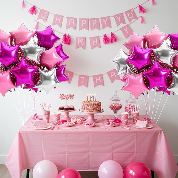 TONIFUL 15Pcs 18 Inch Large Hot Pink Silver Pink Star Shape Foil Balloons Big Stars Helium Mylar Ballons for Birthday Wedding Bridal Shower Anniversary Engagement Party Decorations Supplies