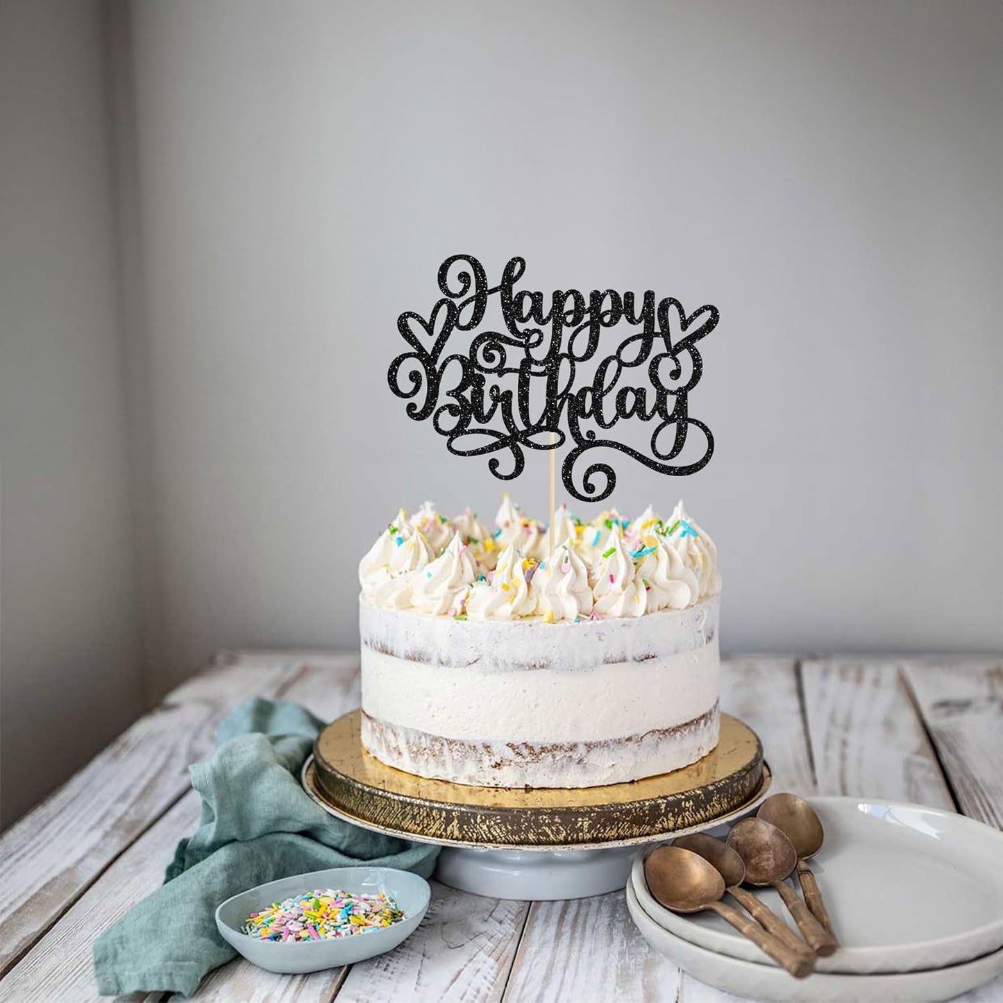 Gyufise 1Pcs Happy Birthday Cake Topper Glitter Cake Pick Bunting Decor for Anniversary Celebrating Party Cake Decorations Supplies Black