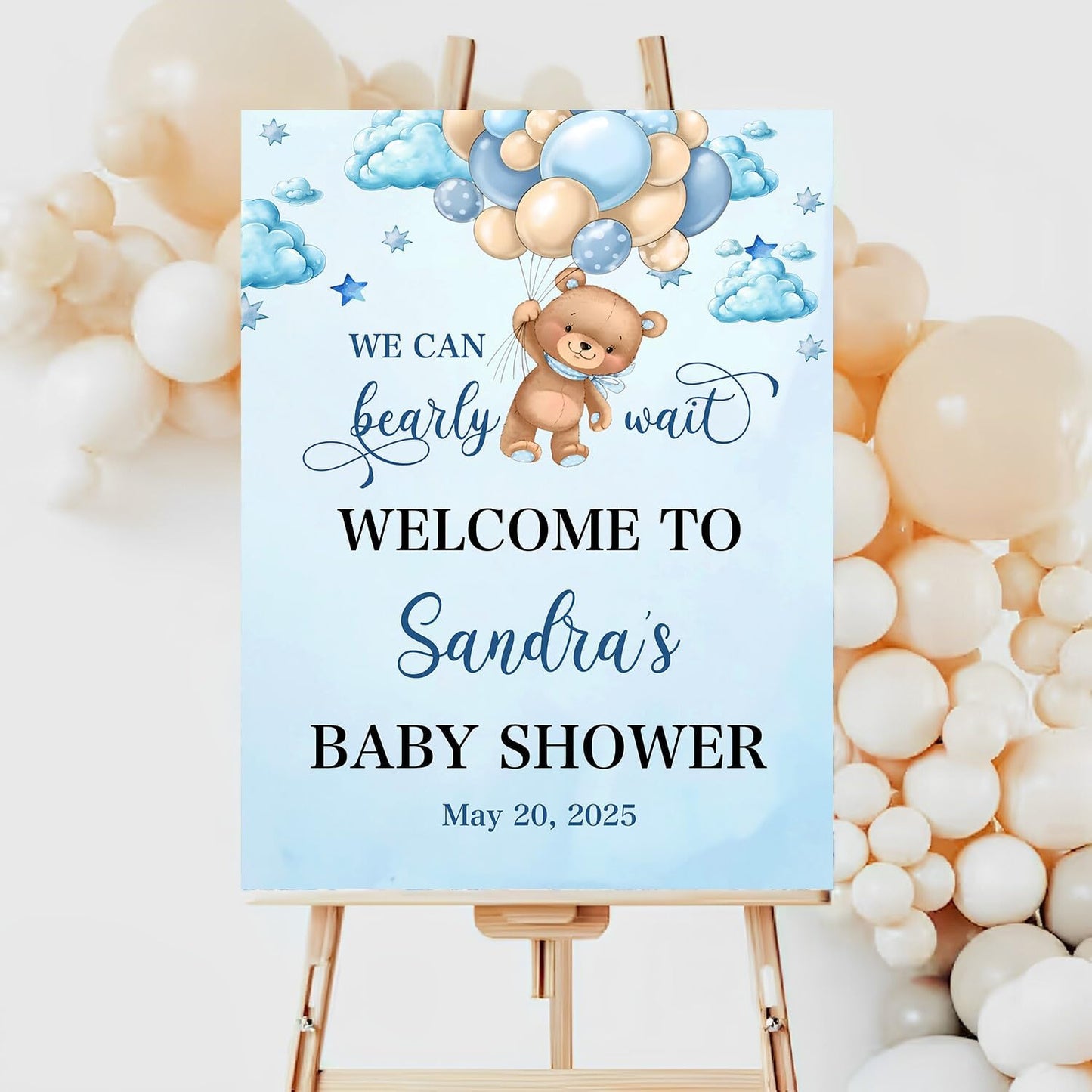 Custom Baby Shower Welcome Sign, Brown Bear Balloon Baby Shower Welcome Sign, We Can Bearly Wait Baby Shower, Blue Bear Baby Shower Decor, Blue Hot Air Balloon Baby Shower Sign