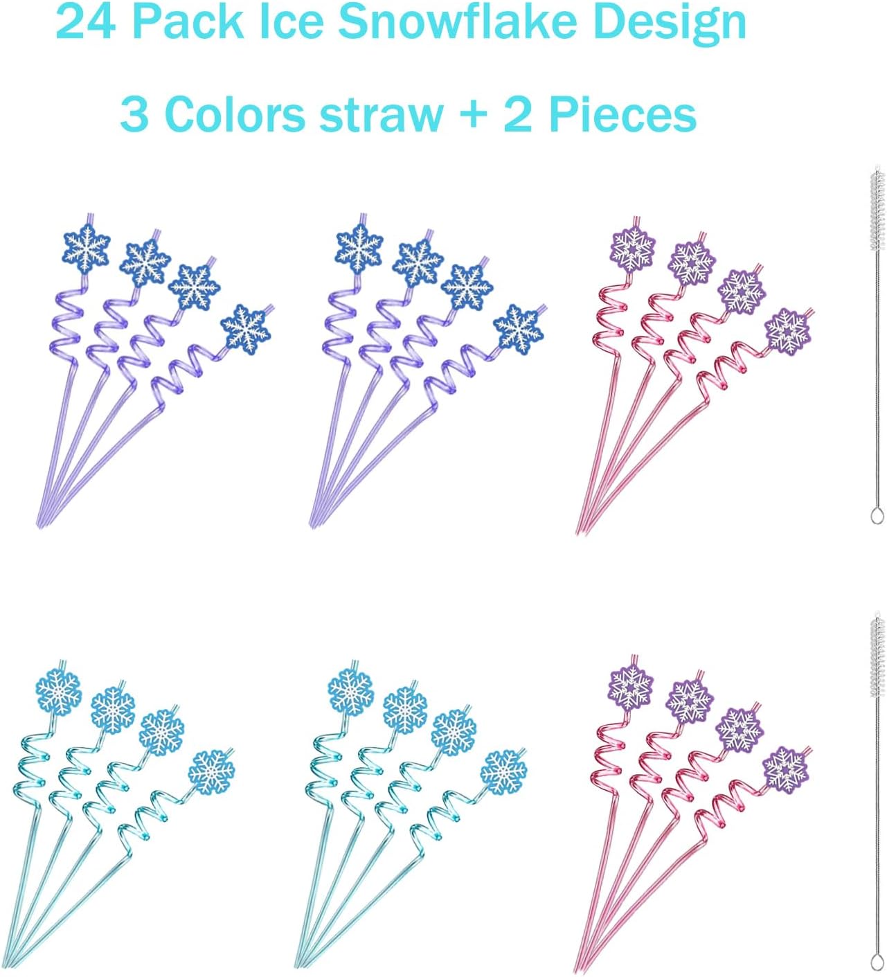 24 PCS Frozen Plastic Straws for Birthday Party Supplies Snowflake Shape Drinking Straws with 2 PCS Cleaning Brushes (Frozen Blue)