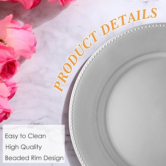 Jinei 36 Pack Silver Charger Plates 13 Inch Plastic Beaded Round Charger Plates Wedding Table Decoration Reusable Dinner Plate Tray for Birthday Party Holiday Event