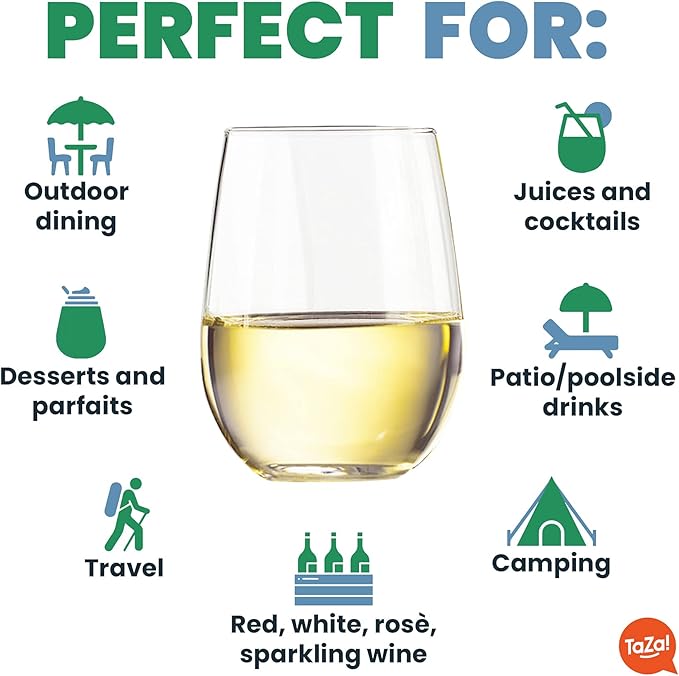 TaZa Outdoor Wine Glasses Stemless, 20oz Set of 4, Unbreakable Tritan Plastic Drinkware, Dishwasher Safe Reusable Glasses, Clear Shatterproof Glassware