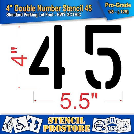 Pavement, Curb, and WheelStop Stencils - 4 inch Double Number Stencil - (45) - 4" x 5.5" x 1/8" (128 mil) - Pro-Grade