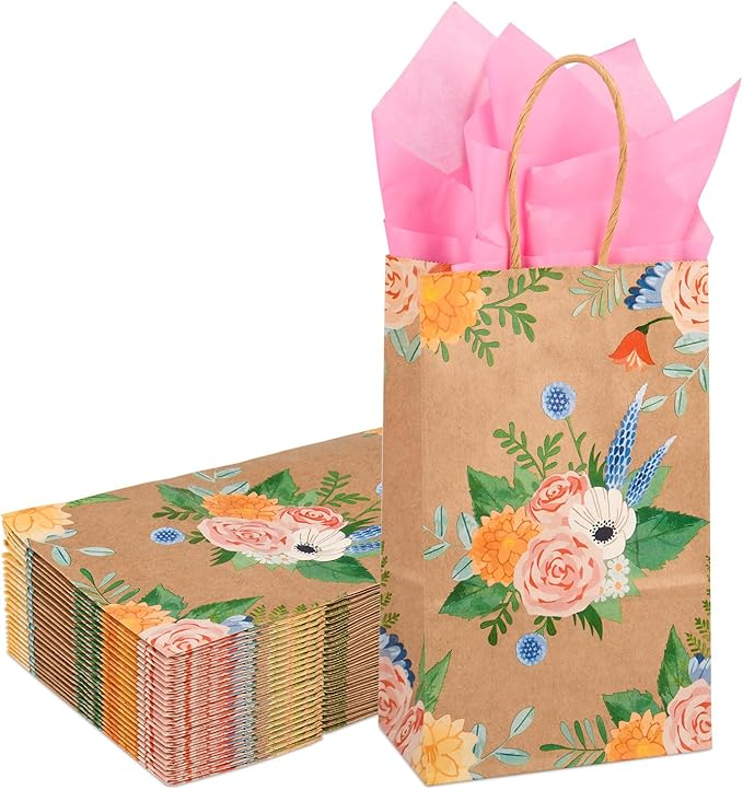 DjinnGlory 25 Pack Small Brown Kraft Floral Paper Gift Bags with Handles and Pink Tissue Paper for Party Goodies, Mother's Day, Thank You Vintage Flowers (9x5.5x3.15 Inch)