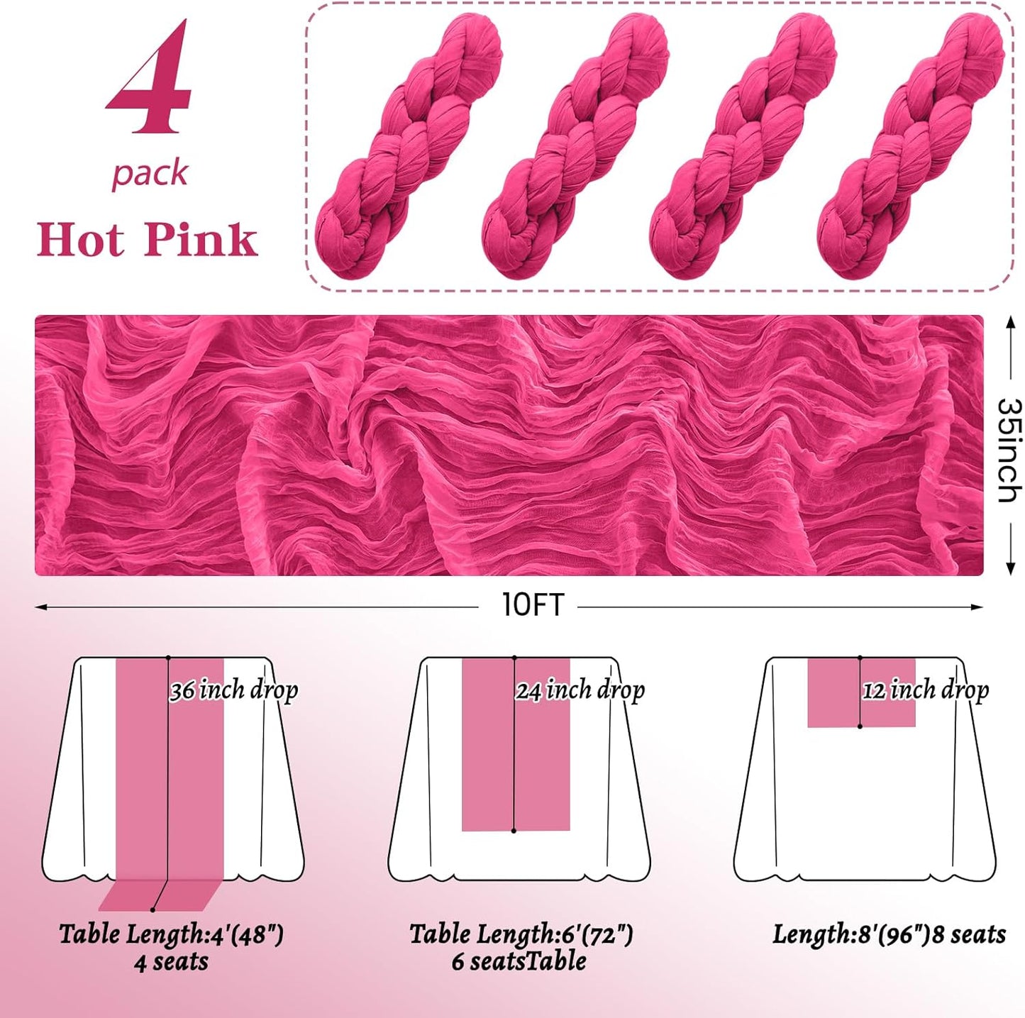 4Pack Hot Pink Cheesecloth Table Runner 10FT Gauze Cheese Cloth Table Runner 35x120Inch Long Boho Spring Easter Table Runners Rustic Sheer Table Runners for Wedding Baby Shower Bridal Shower Decor