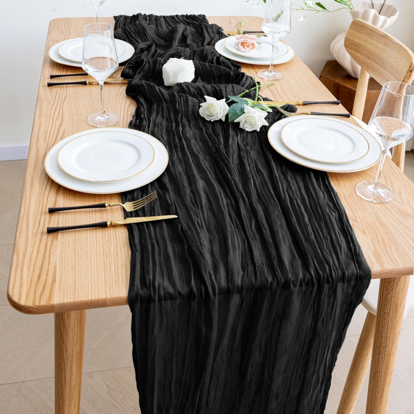 Wokceer Cheesecloth Table Runner Black 10FT Boho Gauze Christmas Cheese Cloth Table Runner for Party Long Rustic Sheer Table Runners for Baby Bridal Shower Wedding Easter Table Decor