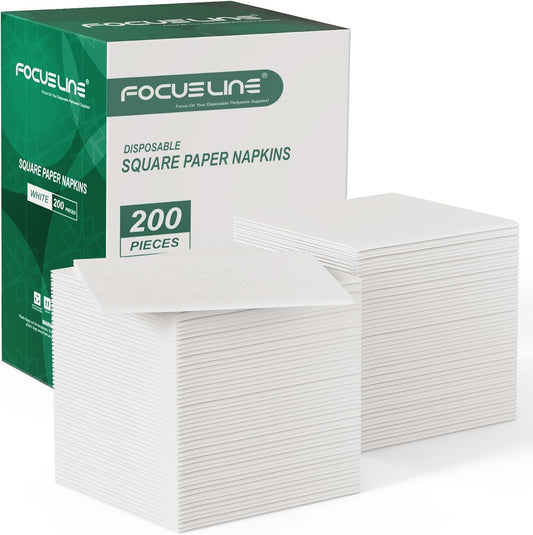 FOCUSLINE 200 Count Linen-Feel Disposable Cocktail Napkins, Soft and Absorbent Bulk Party Beverage Napkins Paper for Bar, Restaurant, Wedding, Dinner or Events, White