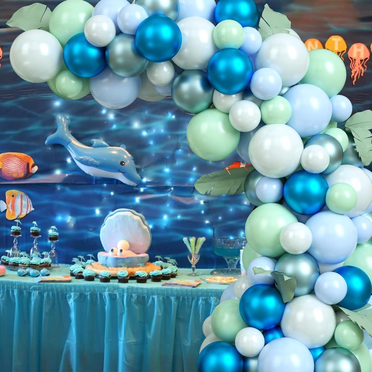 Green Blue White Balloons 60pcs 12inch Ocean Balloons Under the Sea Decorations Shark Whale Theme Kids Birthday Party Pastel Metallic Blue Green Pearl White Latex Helium Balloon DIY Supplies