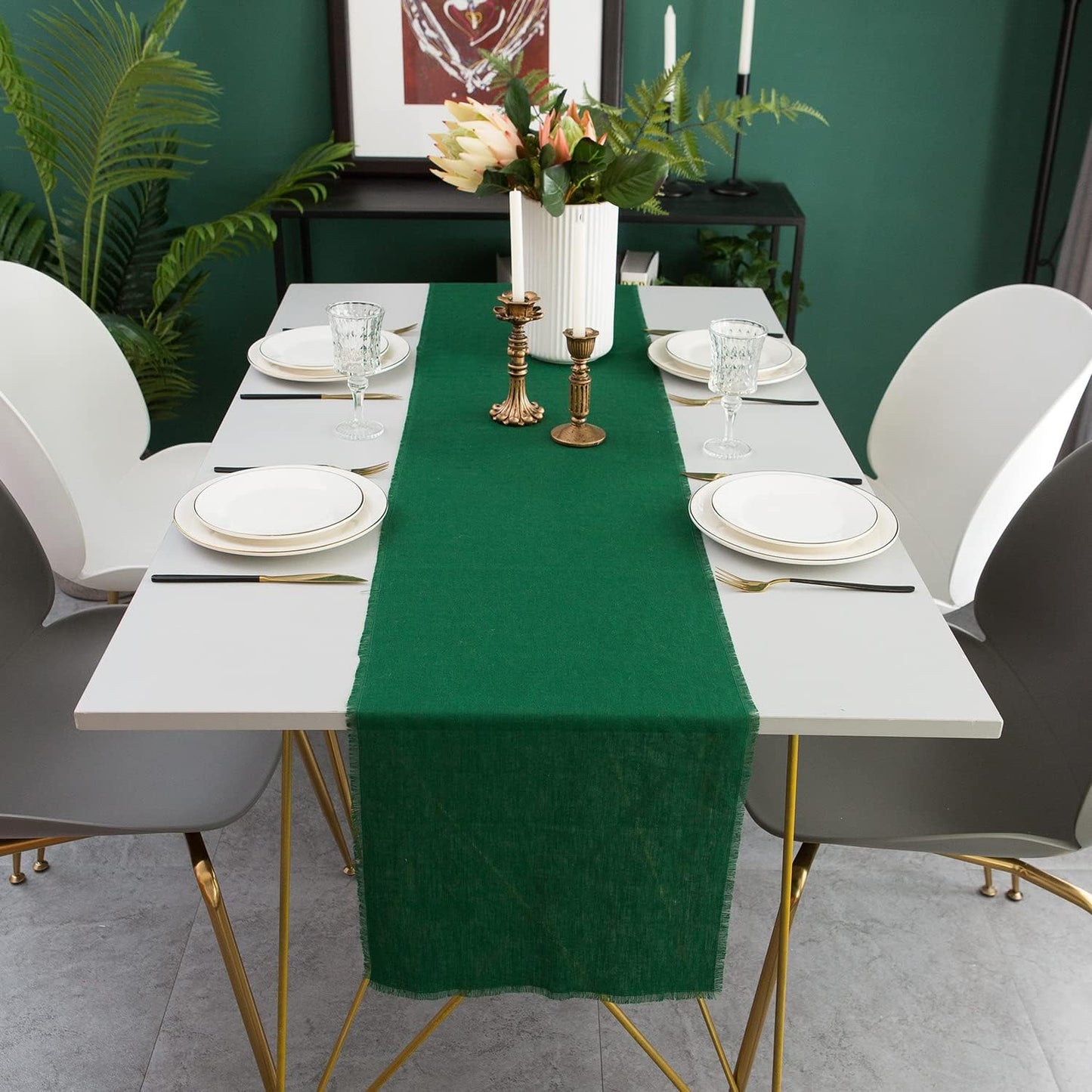 Christmas Table Runner with Fringe- 14x90 Inch Green, 100% Pure Linen Christmas Runner for Table, Green Table Runner for Winter – Machine Washable, Handmade