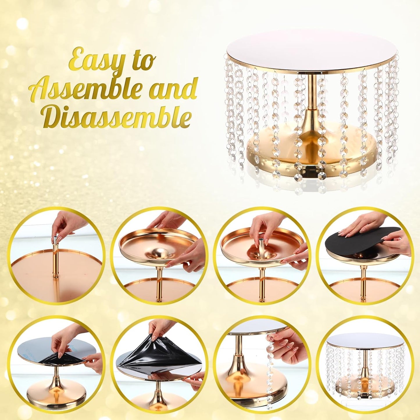 Set of 6 Metal Cake Stands with Crystal Pendant Round Dessert Display Plate Cupcake Holder Pedestal for Wedding Party Birthday Baby Shower Anniversary Celebration Home Decor (Gold)