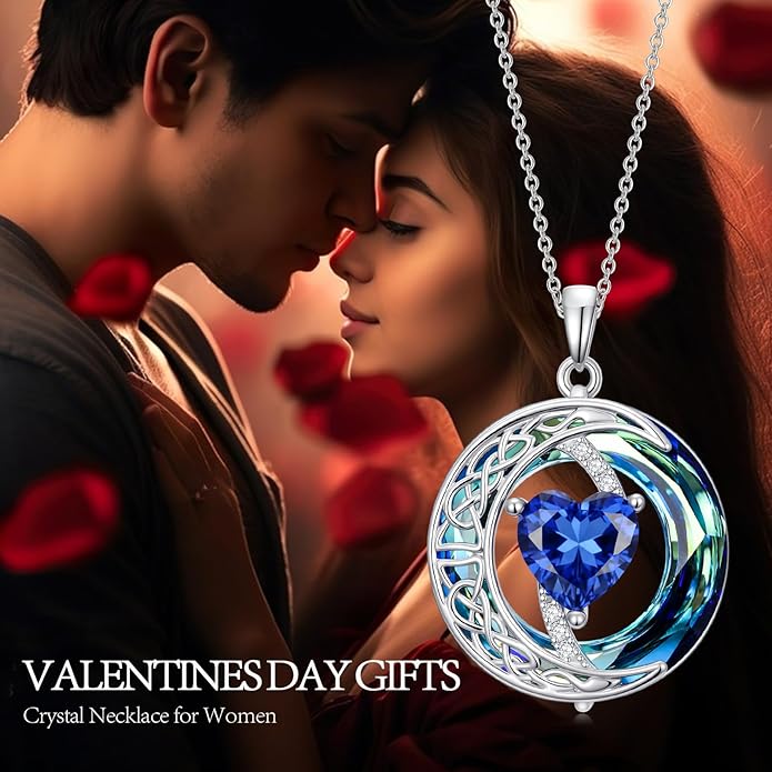 Sapphire Necklace for Women Moon Necklace with Celtic Pendant Heart September Birthstone Jewelry Christmas Birthday Anniversary Jewelry Gift for Daughter Wife Mother Sister