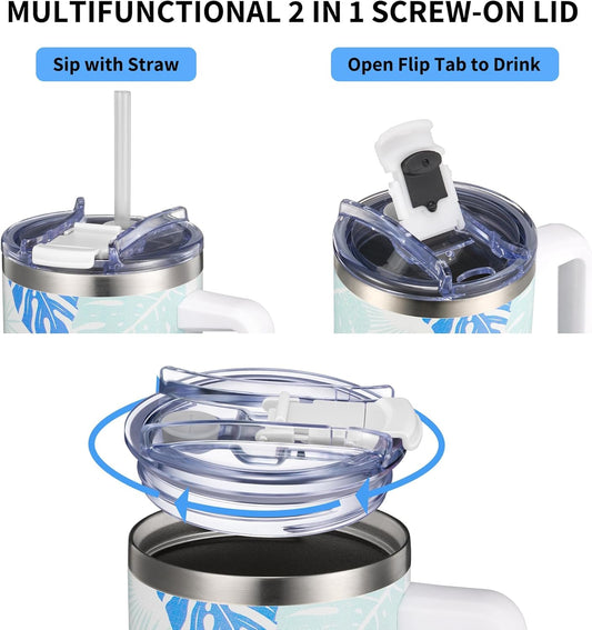 THILY 40 oz Stainless Steel Tumbler with Handle - Vacuum Insulated Travel Cup, Splash-Proof & Leakproof Lid, 2 Straws & Brush | Keeps Cold 34H/Hot 12H, Cupholder Friendly, Garden