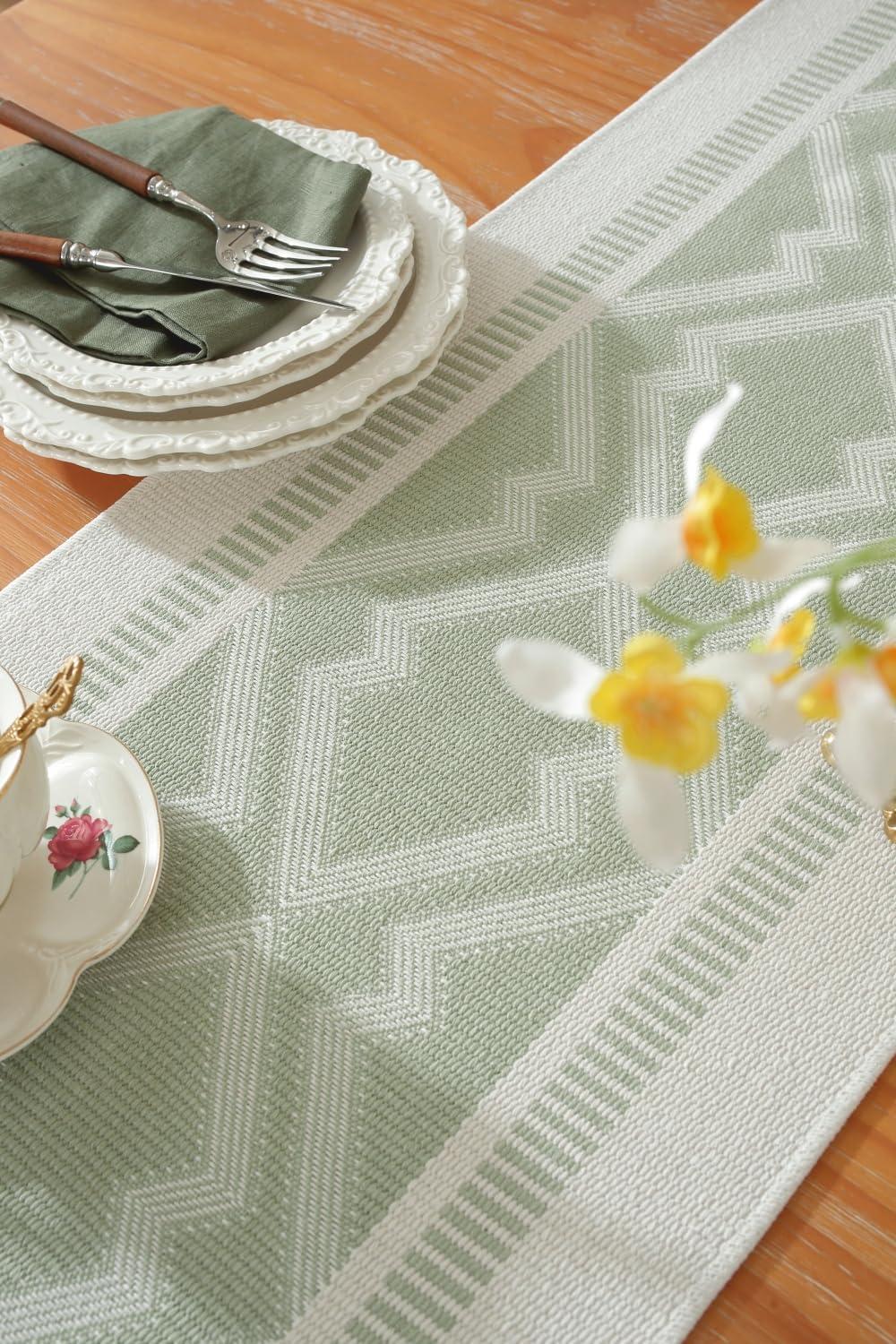 Boho Table Runner ， Natural Cotton Woven Aqua Runner，for Modern Farmhouse Decor, with Tassels for Home Dining Table Decor 14 x 90 Inch Long
