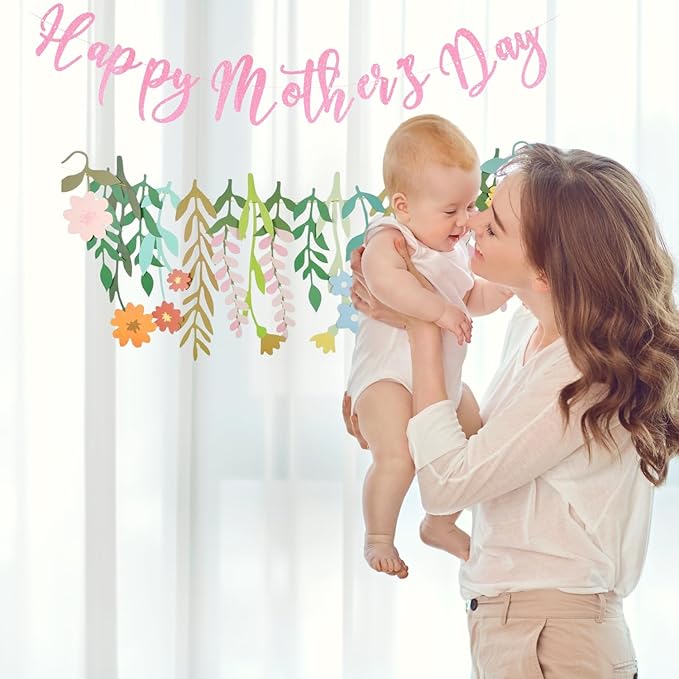 Giga Gud Happy Mother's Day Banner Set Decoration for Mom's Day Party Decorations Backdrop Garland for Mom Mother's Day Glitter Garland Photo Props (Pink Letter Flower)