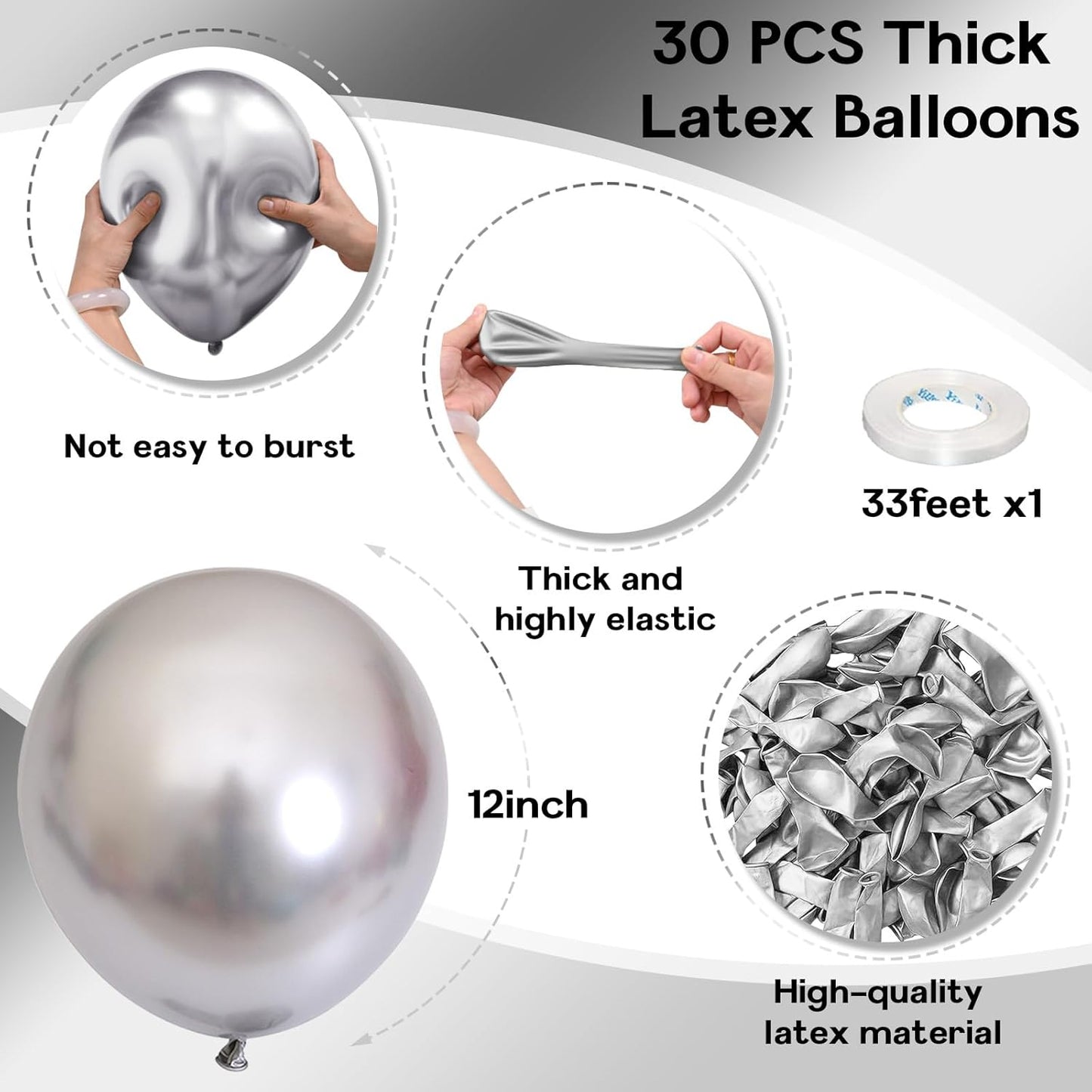 Metallic Silver Balloons, 12 Inch Silver Balloons 30Pcs Chrome Silver Metallic Balloon Silver Shiny Silver Latex Balloons for Birthday Graduation Anniversary New Year Wedding Party Decorations