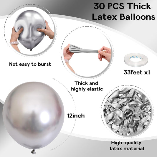 Metallic Silver Balloons, 12 Inch Silver Balloons 30Pcs Chrome Silver Metallic Balloon Silver Shiny Silver Latex Balloons for Birthday Graduation Anniversary New Year Wedding Party Decorations