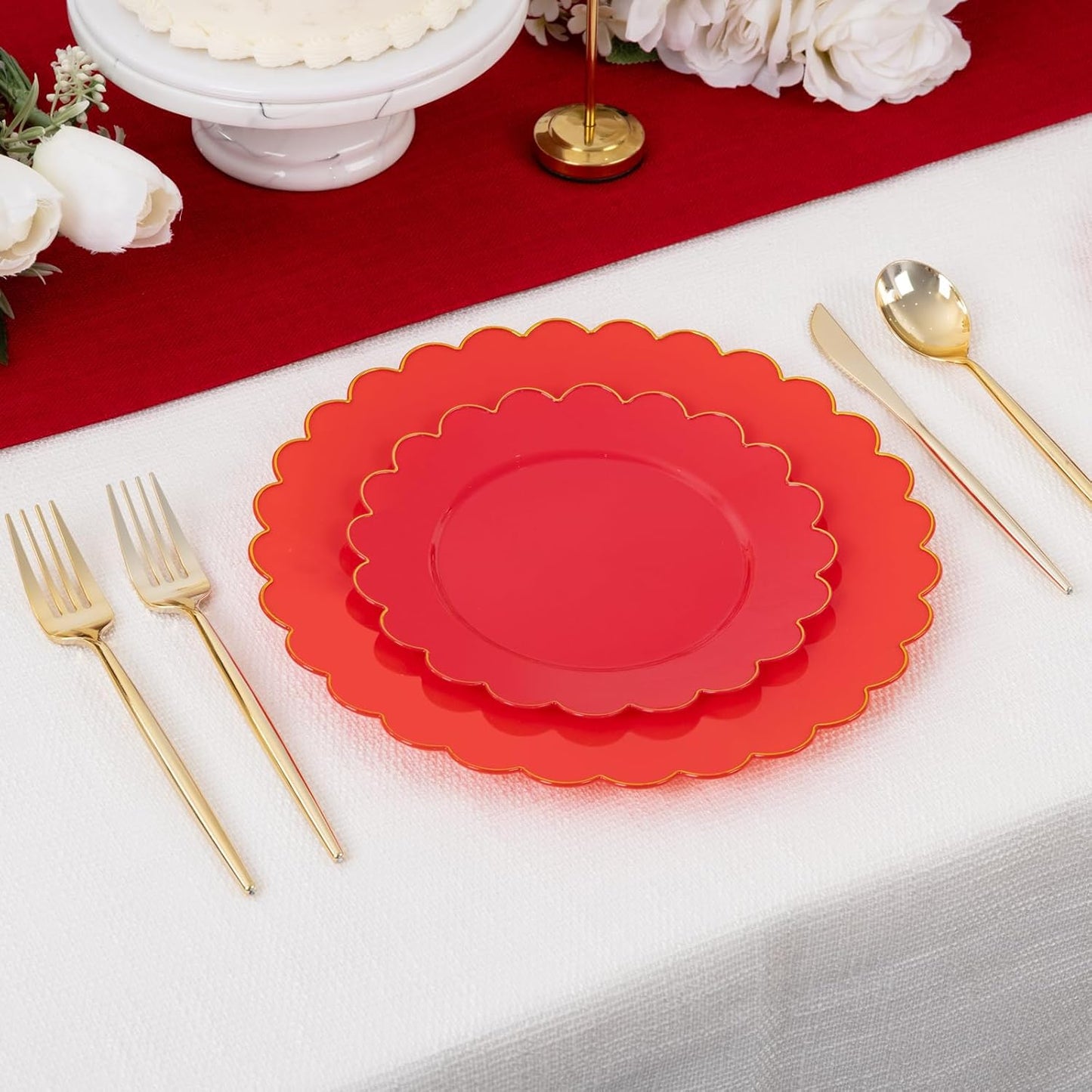 Supernal 100pcs Red Plastic Plates,Fancy Disposable Plates Heavy Duty,Red and Gold Party Supplies Including 10.25’’ Dinner & 7.5’’ Dessert Plastic Plate,Elegant Disposable Plate Suit for Party,Wedding