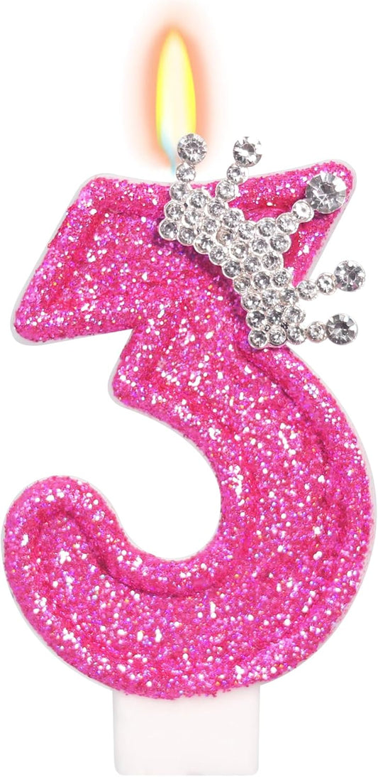Birthday Candle for Cake, Crown Rose Number Cake Candles, 2.76 inch Number Happy Birthday Candle, Cake Topper Decoration for Birthday Party (Number 3)
