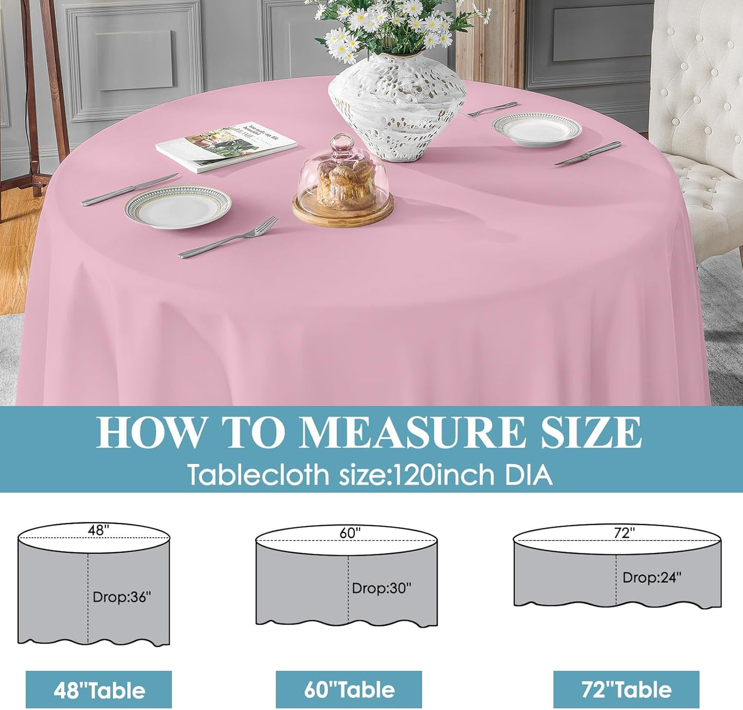 VidaFete Tablecloth 2 Pack 120inch Round Table Cloth Polyester, Stain Wrinkle Resistant Polyester Dining Table Cover for Kitchen Dinning Party Wedding Round Tabletop Buffet Decoration(Pink)