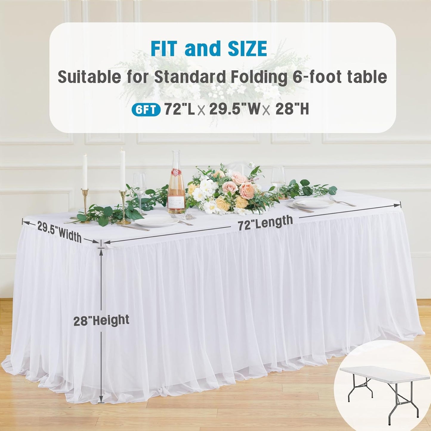 Suppromo White Tulle Tablecloth for 6 Foot Rectangular Tables 72 x 30 Inch White Table Cloth Rectangle 6ft Wrinkle Free Table Cover with Tutu Skirt for Wedding Birthday Party Banquet Tablecloths
