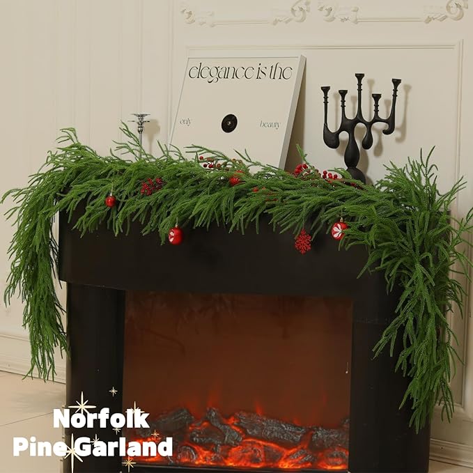 9FT Norfolk Pine Christmas Garland, Real Touch Artificial Greenery Garland for Indoor Outdoor Holiday Decor, Faux Pine Garland with Realistic Needles