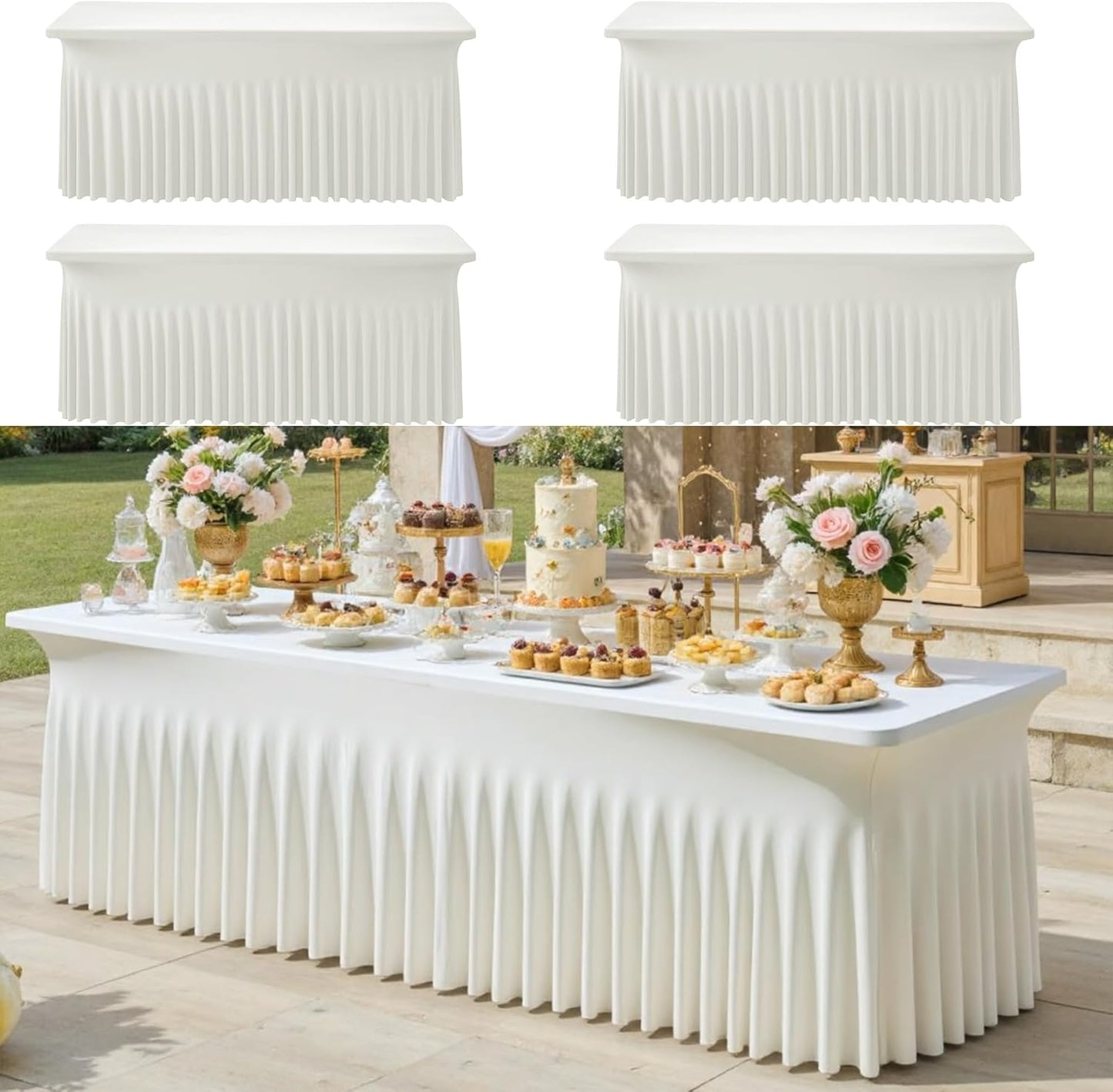 4pk Ivory Spandex Tablecloths 6ft for Rectangle Tables, Wrinkle Free Classy Table Skirt Stretchy Fitted Table Cloths Covers 6 Foot for Weddings Birthday Party Events Banquette Baby Shower