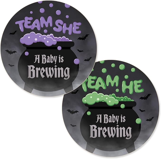 Baby is Brewing Halloween Gender Reveal Party - Bubbling Witch Cauldron Team He or Team She - 40 Stickers - Purple Green