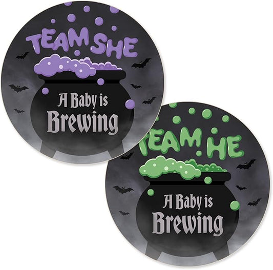 Baby is Brewing Halloween Gender Reveal Party - Bubbling Witch Cauldron Team He or Team She - 40 Stickers - Purple Green