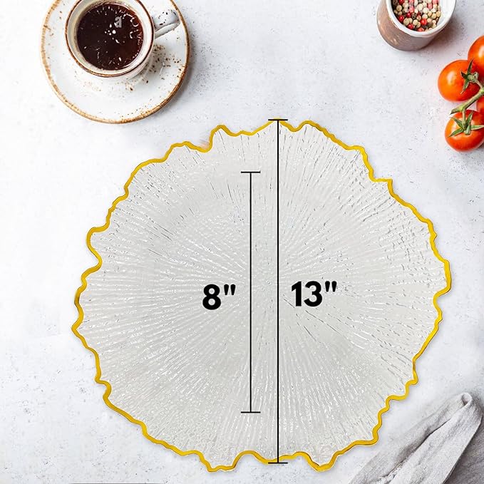 CN JIAHE 13inch Clear Acrylic Reef Gold Rim Charger Plates Set of 8 , for Dinner , Wedding , Party , Event Decoration.
