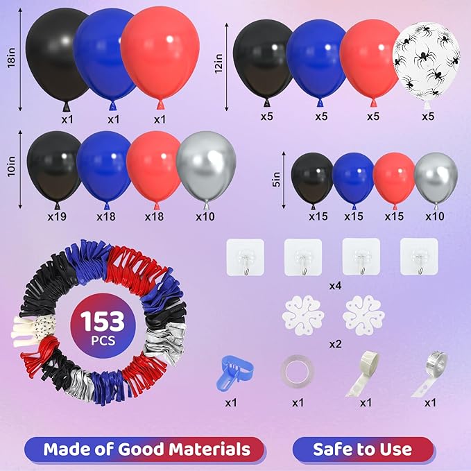 Amandir 153pcs Black Red Blue Balloon Arch Garland Kit, Different Sizes 18 12 10 5 inch Red Blue Sliver Spider Balloons for Boys Spider Theme Birthday Party Decorations