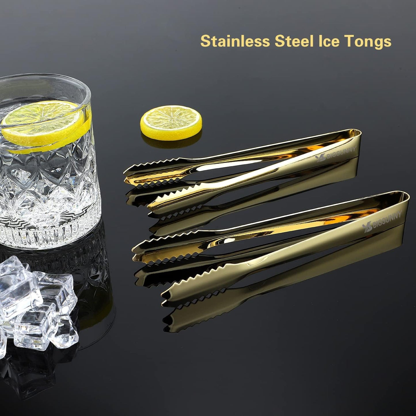 MSY BIGSUNNY 7 Inch Ice Tongs, Thickened Stainless Steel Sugar Cube Serving Tongs with Teeth for Tea, Party, Coffee, Bar, Food - Set of 2, Golden