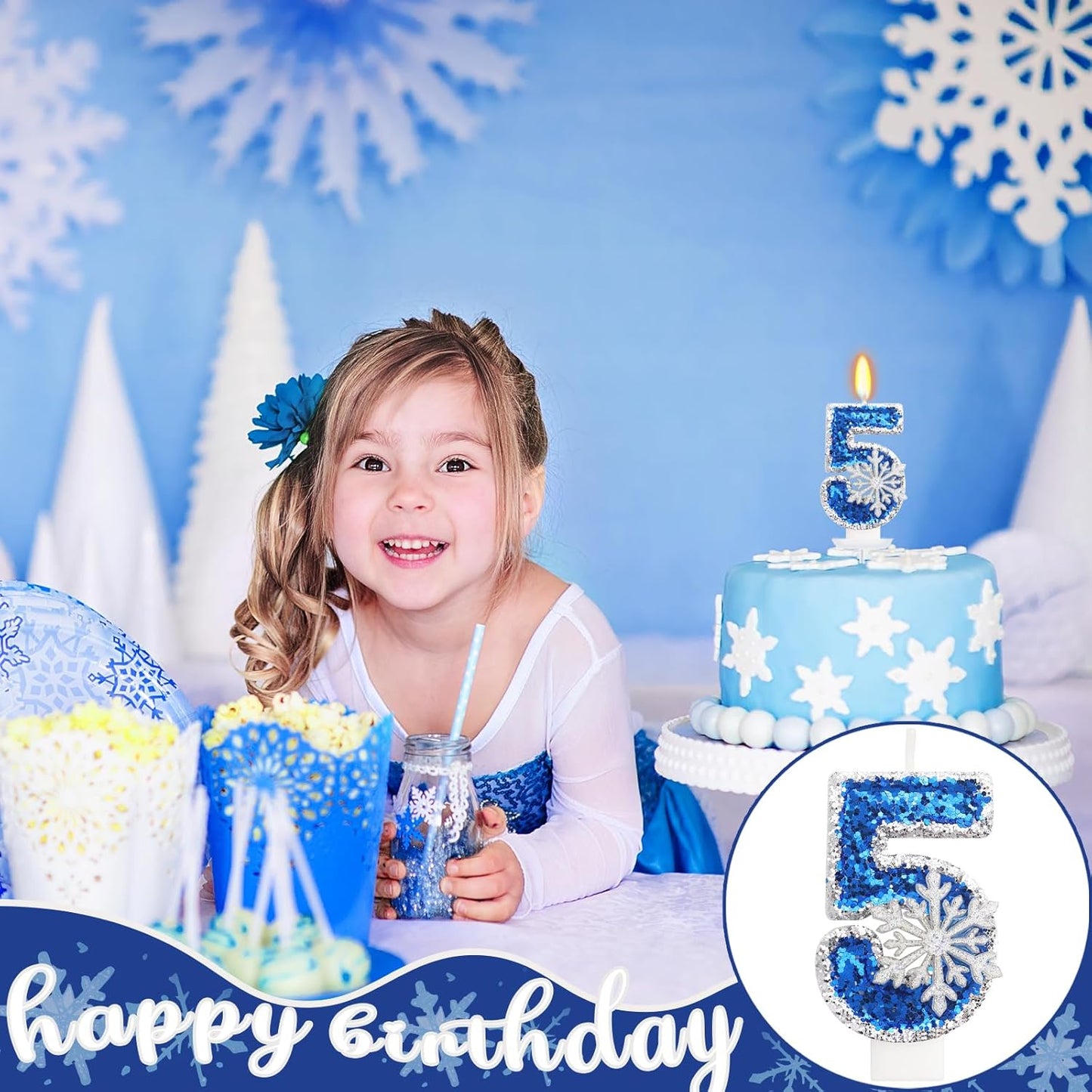 Frozen Themed Blue Birthday Candles, Snowflake Number 5 Candles for Kids Adults Birthday Party Supplies, 2.76 inch Glitter Cake Topper Decorations (Number 5)
