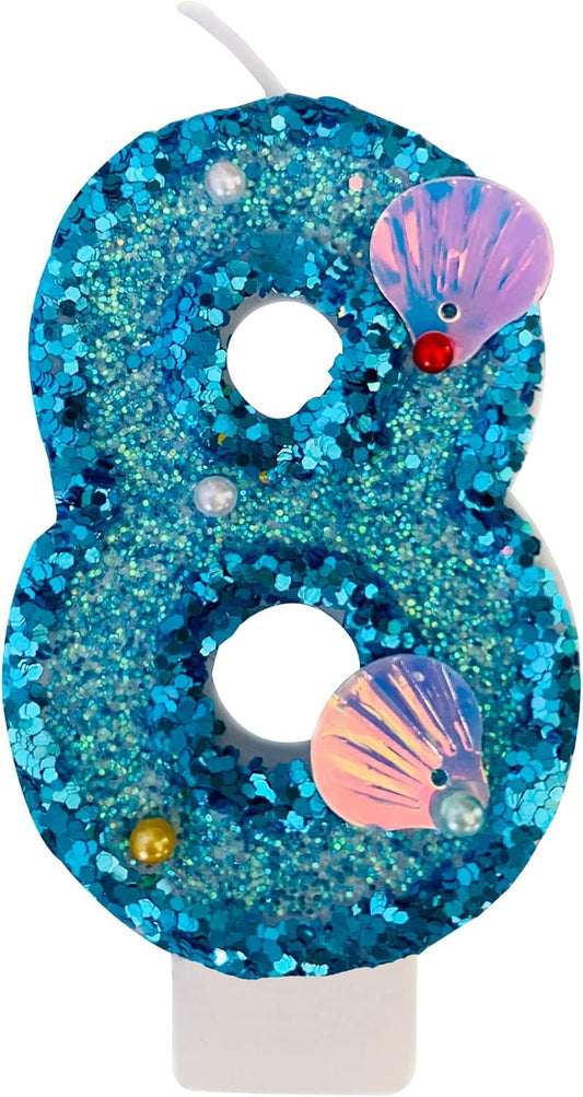Blue Number Candle,Shell Sequins Number Candles for Birthday Cakes Mermaid Themed Party Supplies Number 8 Candle