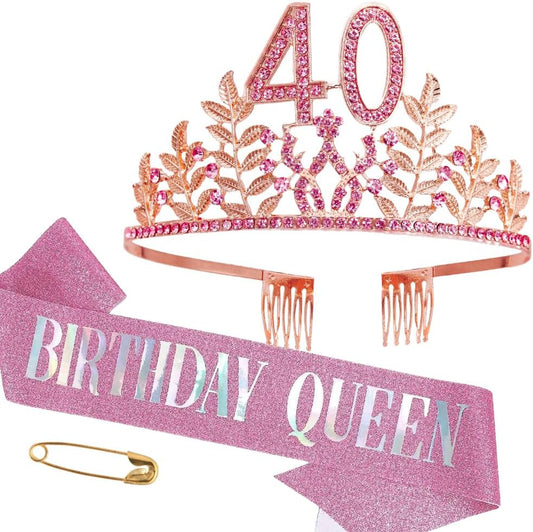 Birthday Sash Tiara Birthday Tiara Rhinestone Crown Rose Gold Birthday Queen Tiara Sash and Tiara for Women Birthday Decor Princess Tiara Cake Topper Crystals Hair Accessories for Party