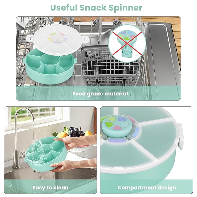 Snack Rotator Container Reusable Snack Box with 5 Compartment Dispenser and Lid, Color Matching Opening Lid, BPA and PVC Free, for Home, School, Travel (1 Pack- Green)