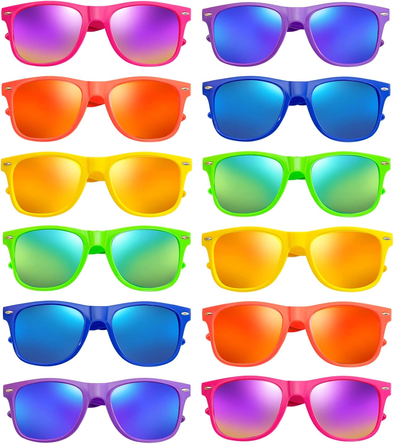 SUNOVELTIES 12/24 Pack Neon Party Sunglasses Mirrored/Jelly Lens Bulk Glasses Horn Rimmed Eyewear for Men Women