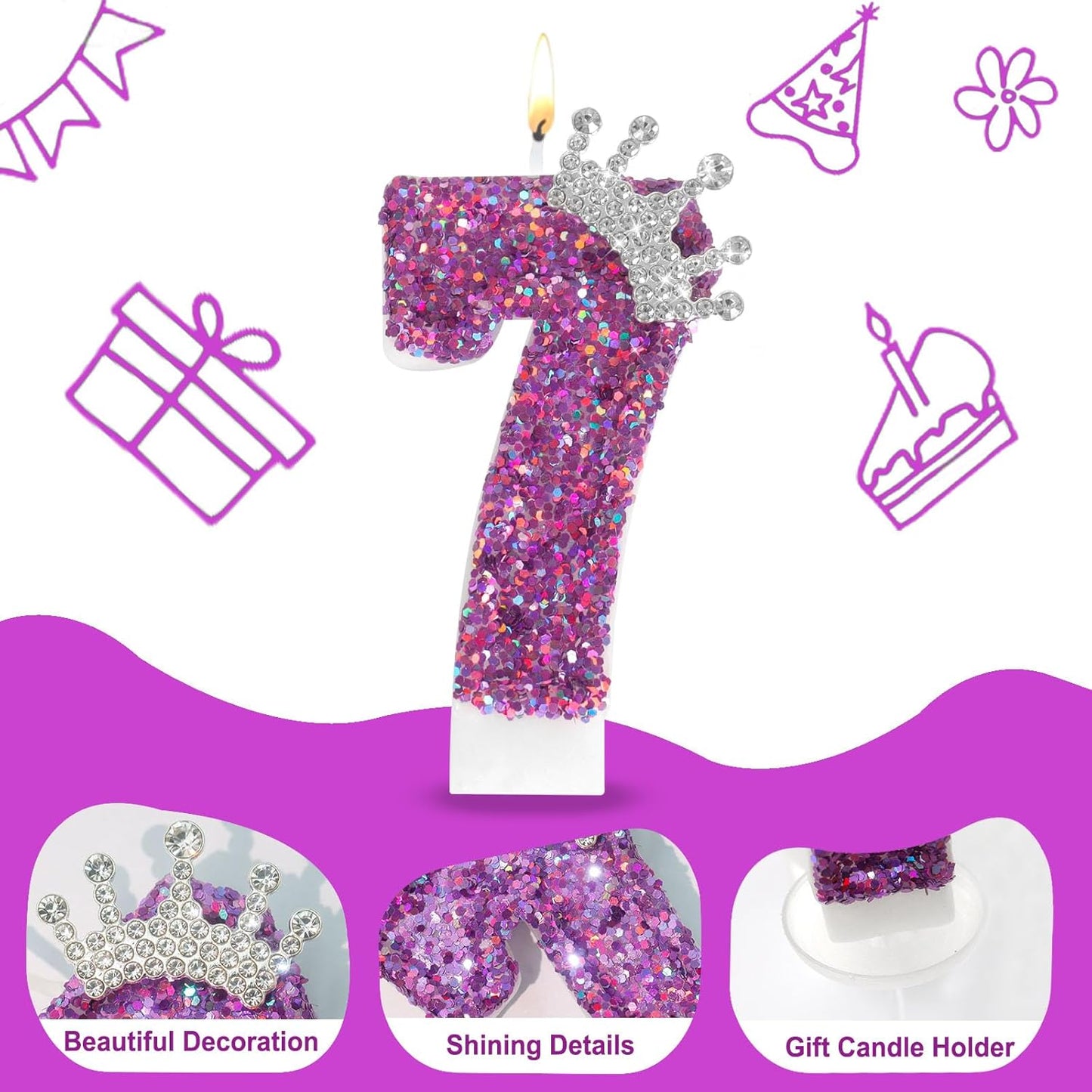 Ceya Number 7 Birthday Candles,Purple Crown Candle for Cake, Sparkling Number Glitter Candle 3.14inch Cake Topper,7st Birthday Decorations for Girl Women Reunions Anniversary Party Supplies