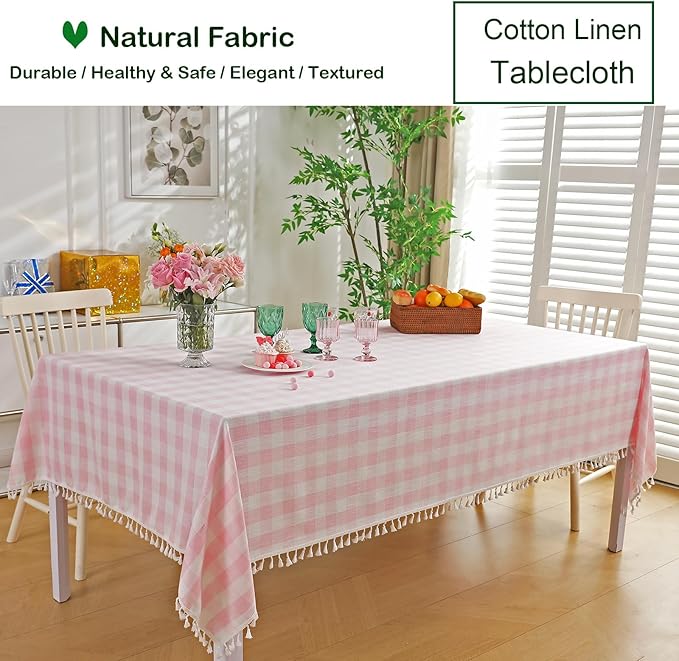 Rectangle Table Cloth for Spring, Summer, Valentine's Day, Easter, Christmas Tablecloth-Farmhouse Plaid Cotton Tablecloths (55" x 102",Pink)