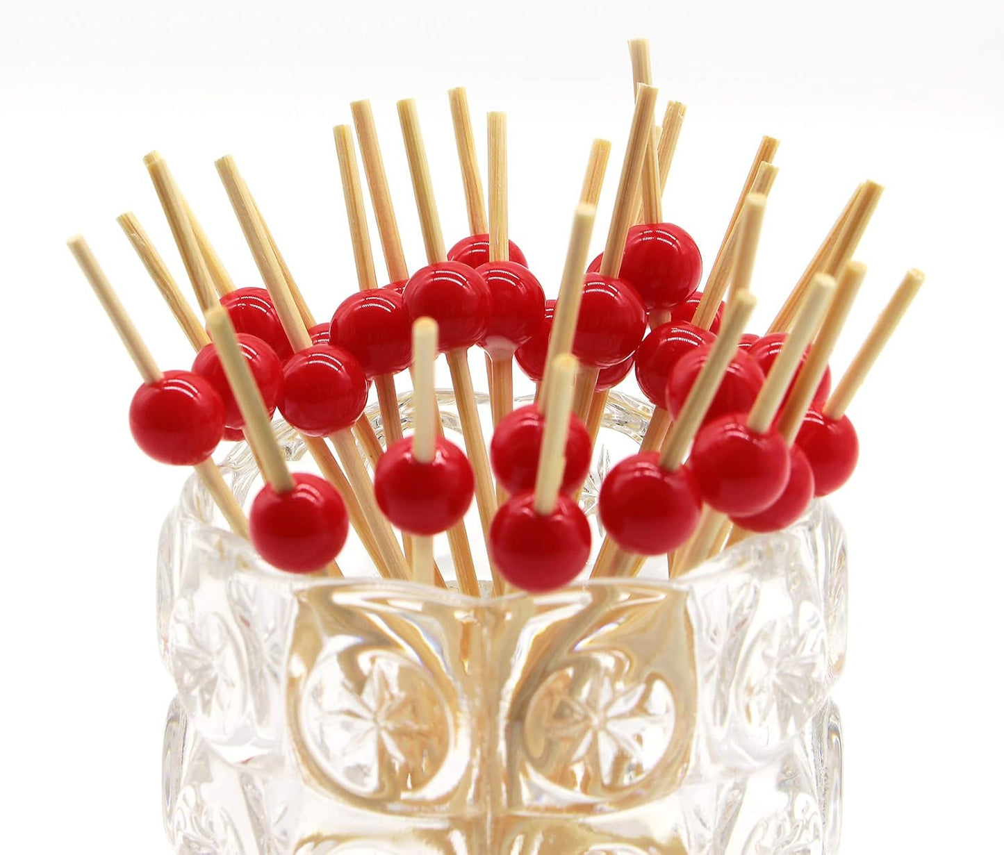 Minisland Red Pearl Cocktail Picks, 4.7 Inch Long Bamboo Fancy Toothpicks for Appetizers, Decorative Valentines Christmas Holiday Party Food Drink Garnish Fruit Kabob Skewer Sticks 100 Counts -MSL155