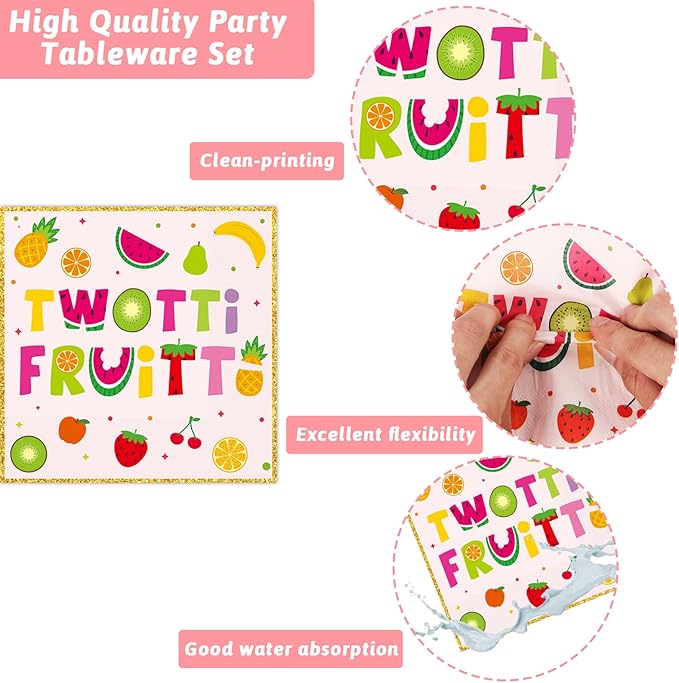 OBUSATT 96Pcs Twotti Frutti Party Supplies Summer Fruit 2nd Birthday Paper Plates Napkins Fruit Party Decorations Lemon Watermelon Pineapple Strawberry Dinnerware Favor Tableware Serves 24