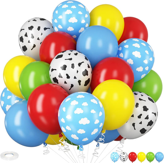 Toy Inspired Story Balloons, 12 Inch Cow Print Sky Blue Cloud Balloons Red Blue Yellow Green Balloons for Kids Boys Birthday Party Farm Themed Halloween Party Decorations