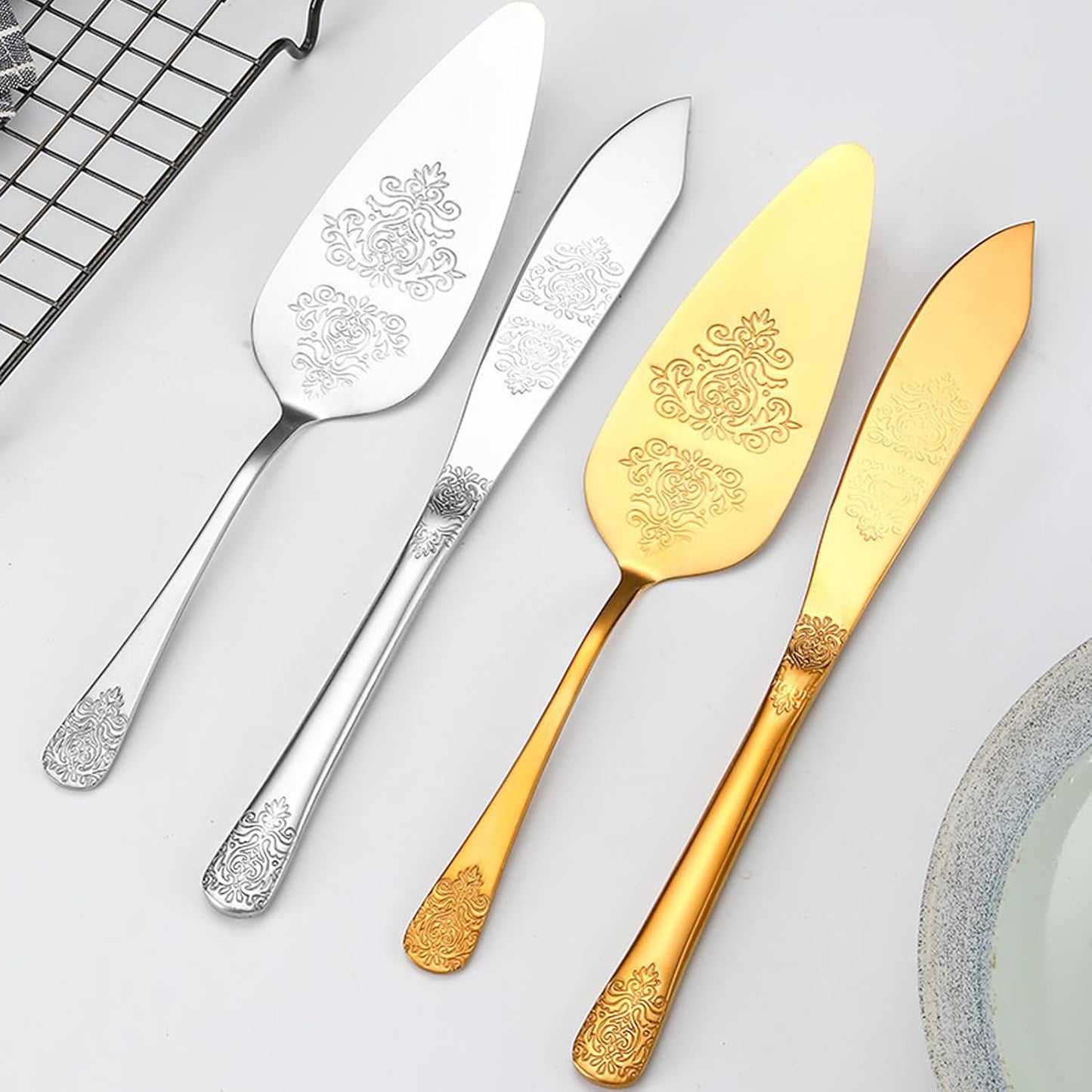 Cake Cutting Set for Wedding, Elegant Cake Knife and Server Set with Thickened Stainless Steel Rounded Edges, Cake Cutter Pie Spatula for Birthday Anniversary Christmas 2 Pcs Gold