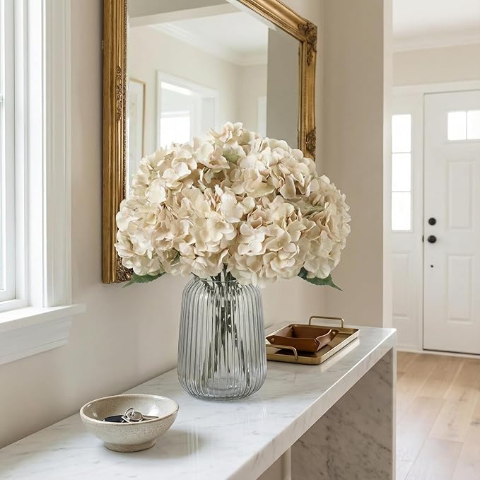 2Bouquets Artificial Fake Flowers Plants Silk Hydrangea Arrangements Wedding Bouquets Decorations Plastic Floral Home Kitchen Garden Party Festival Bar DIY (Ivory White, 5 Flower Heads)