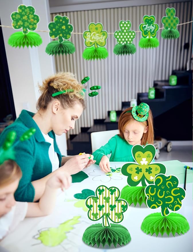 St Patricks Day Table Decorations, 9 Pcs St Patricks Day Centerpieces, Irish Green Honeycomb Centerpieces for Table, 3D Shamrock Table Decor for St. Patrick's Day Party Favor Supplies