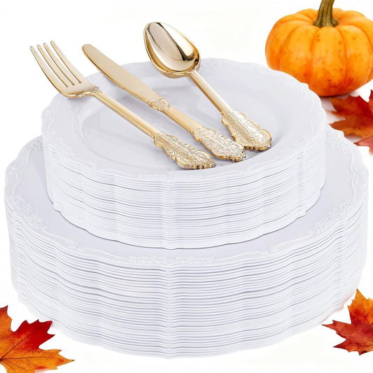 DaYammi 150Pcs White Plastic Plates & Gold Plastic Silverware, White Disposable Plates for Party Include 30 Dinner Platos,30 Dessert Platos,30 Golden Knives,30 Gold Forks,30 Spoons for Wedding Party