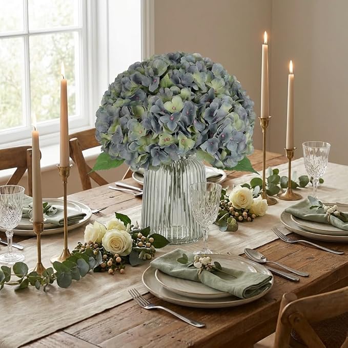 2Bouquets Artificial Fake Flowers Plants Silk Hydrangea Arrangements Wedding Bouquets Decorations Plastic Floral Home Kitchen Garden Party Festival Bar DIY (Bluish Green)